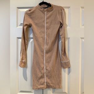 Missguided + Ribbed Brown Long Sleeve Dress